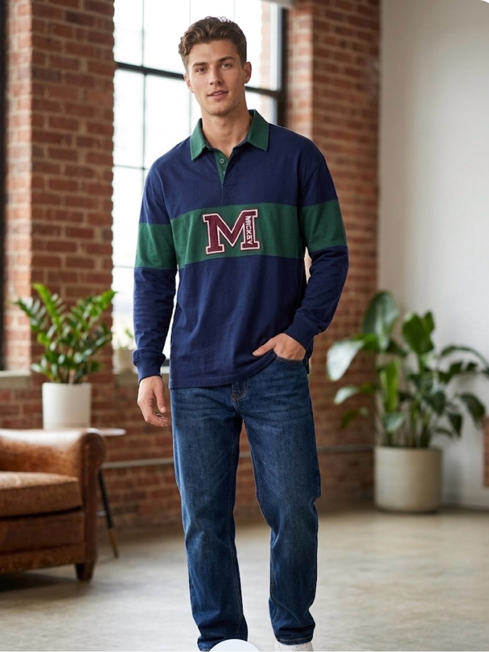 Vintage Disney ,Navy & Green Rugby Polo Shirt with M Crest